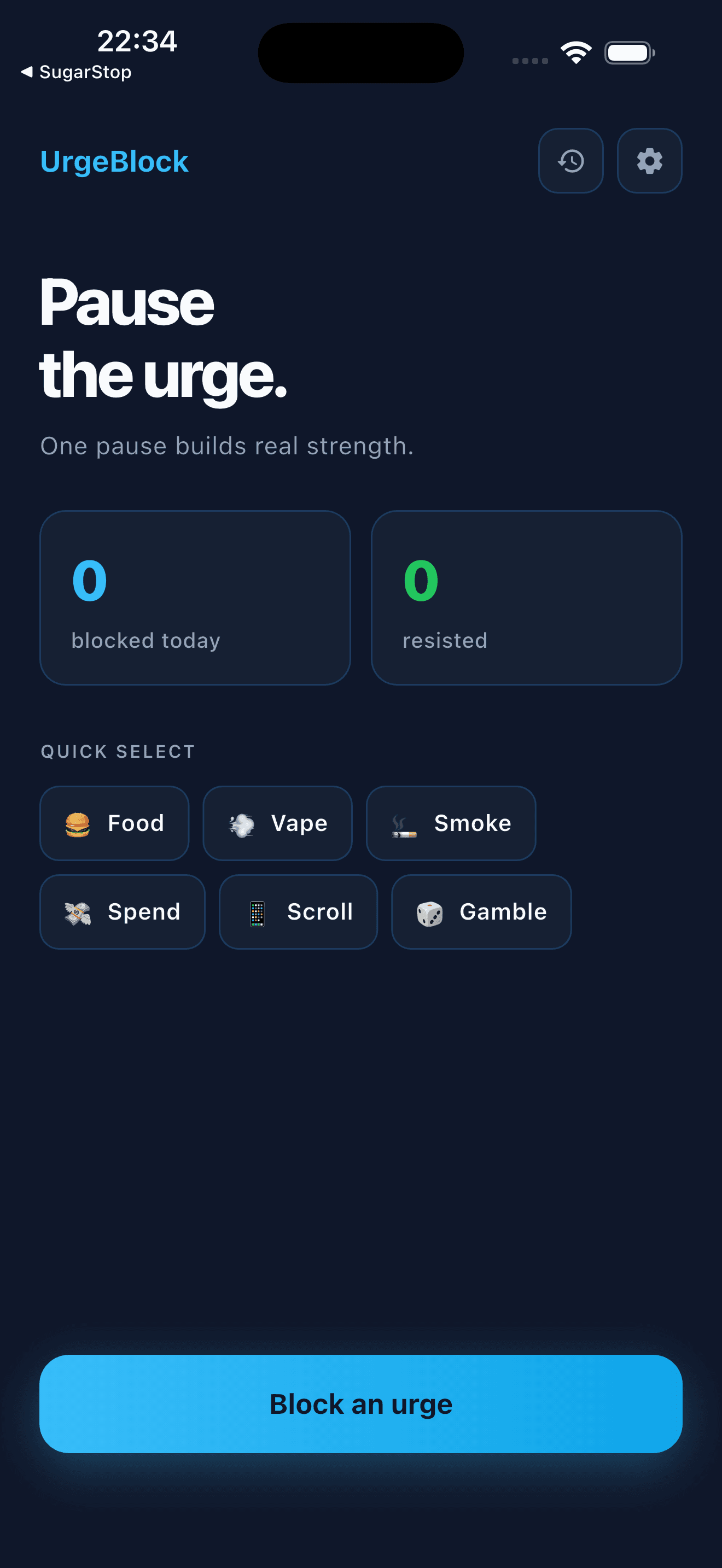 UrgeBlock home screen